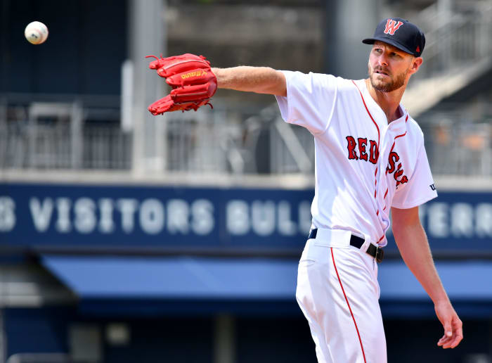 Boston Red Sox ace Chris Sale receives a throw back from the catcher while pitching a simulated inning Thursday at Polar Park.